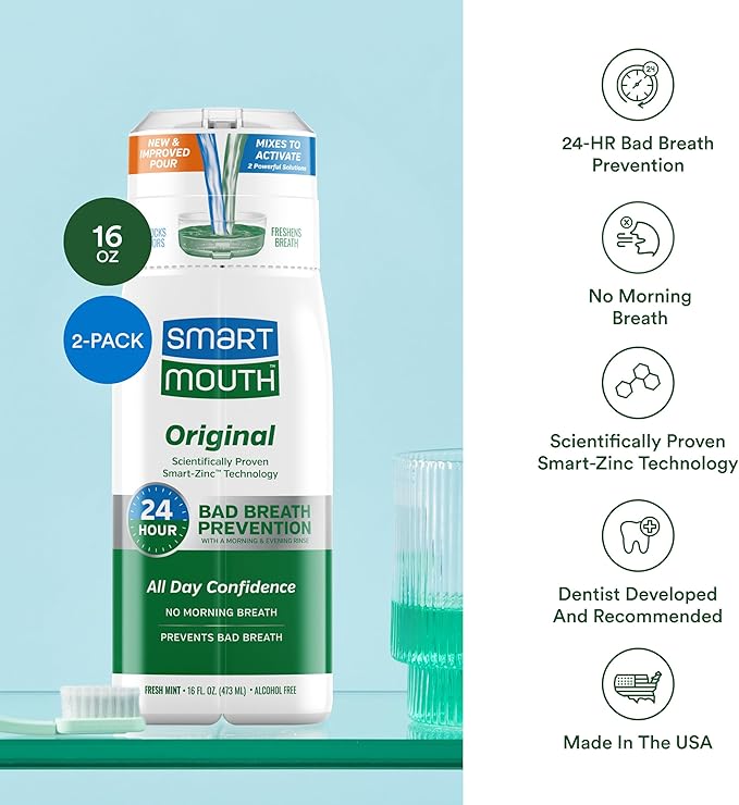 SmartMouth Original Zinc Activated Mouthwash - Instant Fresh Breath Mouthwash - Eliminates Bad Odors and Bad Breath - Alcohol-Free, Sugar-Free, Gluten-Free - Fresh Mint - 16 fl oz (2 Pack)
