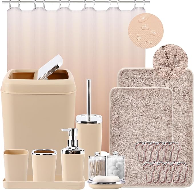XLHOMO Bathroom Accessory Set–Bathroom Sets with Shower Curtain and Rugs, No Slip Bathroom Rugs Super Absorbent, Beige Ombre Water-proof Shower Curtain with Hooks, Pink Bathroom Sets Complete for Home