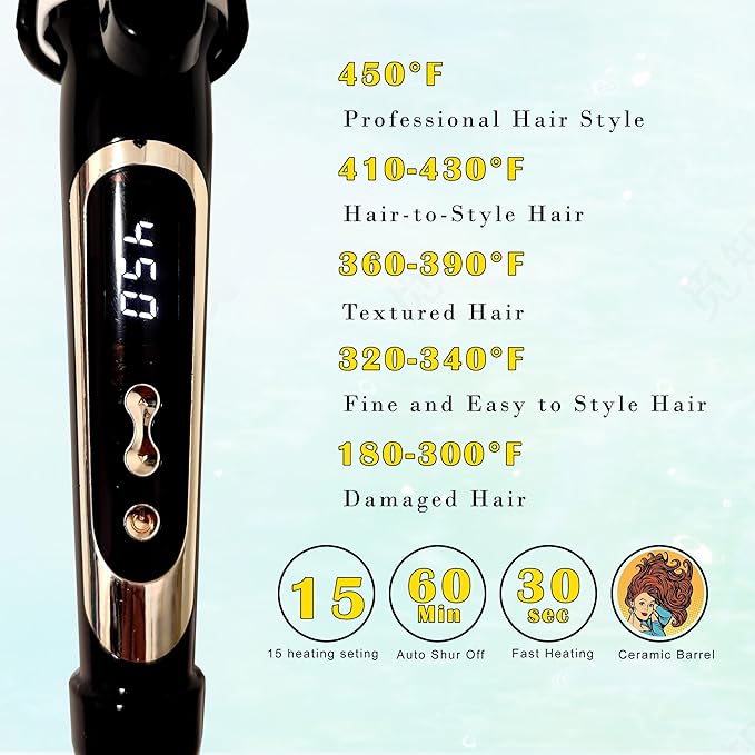 abp 1.25 Inch Curling Iron Extra Long Barrel with Ceramic Coating for Long/Medium Hair,1 1/4 INCH LCD Display Instant Heat up to 450°F with clamp,Hair Style Tool Girls & Women