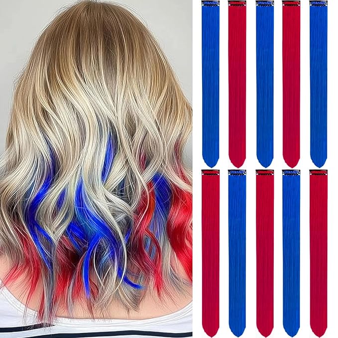 Colored Hair Extensions 10 PCS, Colorful Party Highlights Clip in Synthetic Hair Extensions, Red and Blue Hair Accessories Hairpiece for Girl Women Party Favor Cosplay Gift 22 In