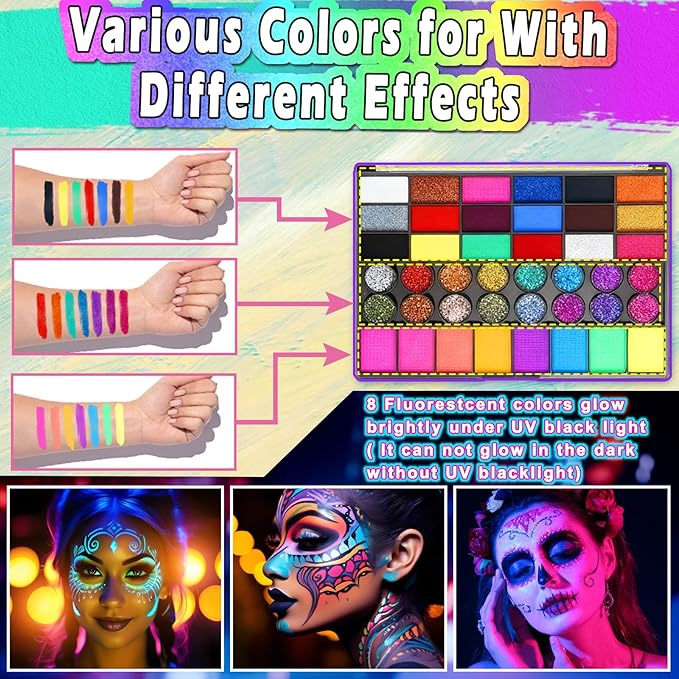 Water Activated Face Paint Professional Kit, Water Based Face Paint for Kids, 42 Color Non-Toxic Face Painting with 15 Stencils, Gems, Brushes,8 Tattoo Stencil for Christmas, Party, Carnival, Festival