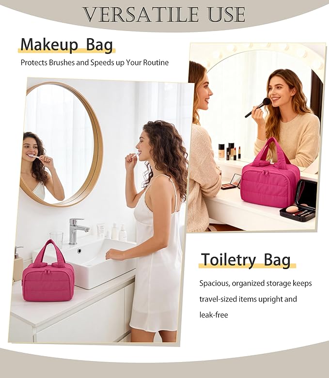 BUZFOWU Travel Toiletry Bag for Women, Large Wide-open Puffy Cosmetic Makeup Bag with Wet-Dry Separation, Multi-Pocket Organizer with Carry Handle for Toiletries, Cosmetics, Essentials, Rose Red