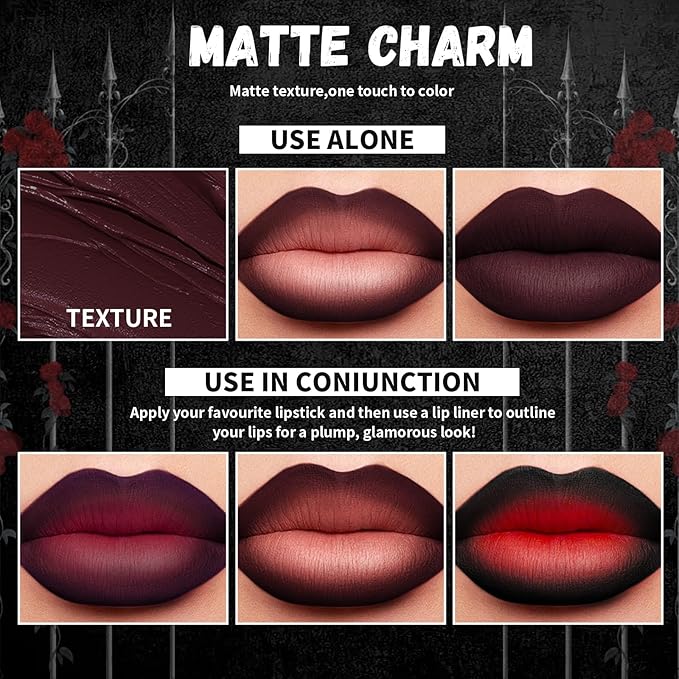 3 Colors 2 in 1 Gothic Lip Liner Set, Matte Purple Dark Red Black Lip Liner Plumping Smooth Creamy Lip Pencil, High Pigmented Long lasting Lip Stain Lipstick Goth Halloween Makeup, 05+07+08