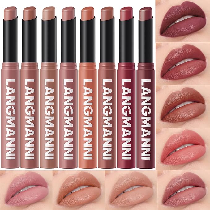 Jolilab 8Pcs Velvet Matte Lipstick Nude Matte Soft Dark Color Stick High Pigmented Long-Lasting Waterproof Lip Stick Lip Balm Beauty Cosmetics Gift for Women（01-06+11+12