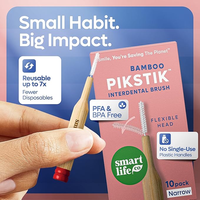 SmartLifeco Bamboo Interdental Brushes (10 Count) - Eco-Friendly Proxabrush, Reusable Dental Picks, Flexible Soft Bristles, Superior Gum & Teeth Cleaning, Toothpicks for Braces, PikStik - Tight Gaps