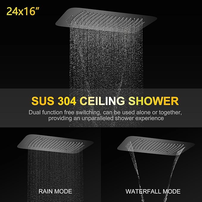 AYIVG Matte Black Multi Function Luxury Thermostatic Shower System 4 Functions Temperature Display Shower Set Rainfall Shower Head with Handheld Spray & 6PCS Body Spray Jets with ON/Shut off