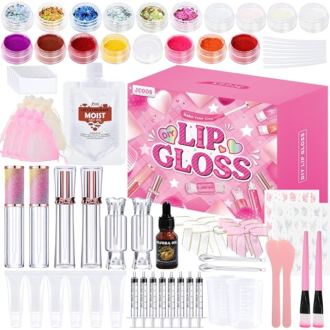 JCOOS Lip Gloss Making Kit, Lip Gloss Set for Teens Kids Tweens Girls Woman Lip Kit Fun DIY Lipgloss Making Kit, Make Your Own Lip Gloss Kit, Moisturizing Glitter Kids Gifts Stuff for Girls 10-12