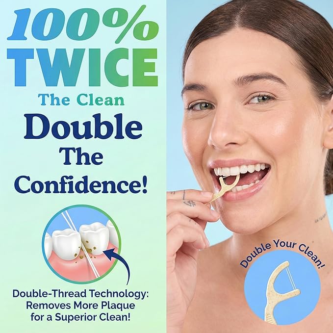 Twin Line Eco Floss Picks (220 Count) - Plant-Based Straw Wheat Floss Sticks with Travel Case | 2X More Effective Cleaning-Compostable Tooth Flossers, Thin & Shred Resistant Thread |