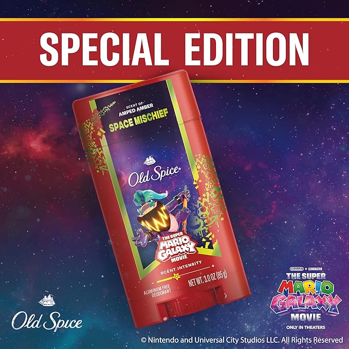 Old Spice Aluminum Free Deodorant for Men, Old Spice x The Super Mario Galaxy Movie, 24/7 Lasting Freshness, Lasting Odor Protection, Smell Super with Space Mischief, Amped Amber Scent, 3.0 oz