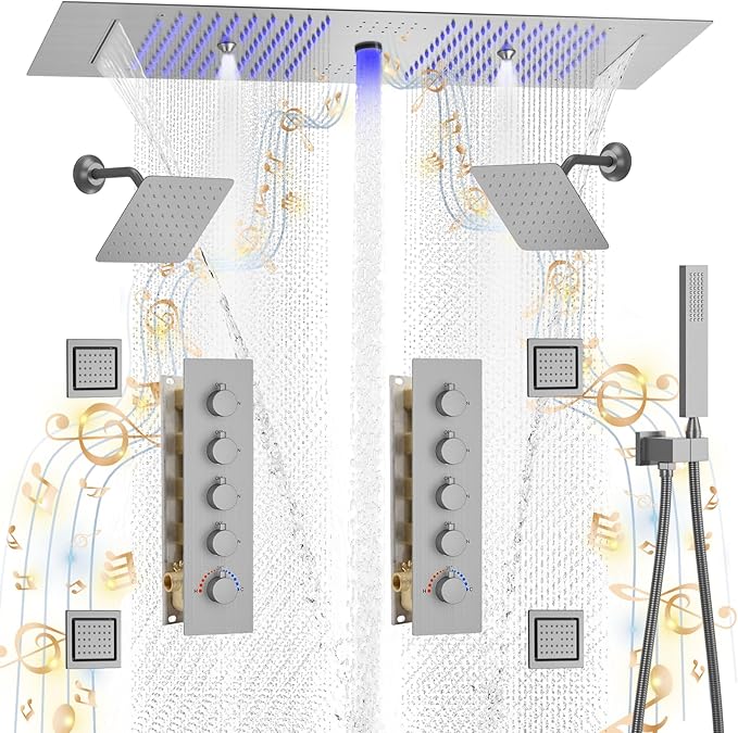 KATAIS Shower System with 12X35 inch Overshower and Dual Side ShowerHead(8 inch), 4 PCS Body Jet and HandHeld Spray, Dual Thermostatic Valve Kit Can Achieve 8 Shower Functions, Brushed Nickel