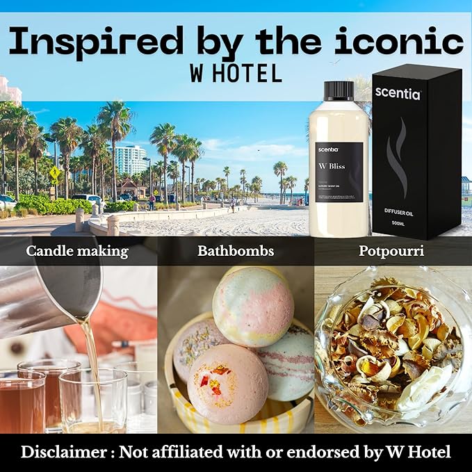 Scentia W Bliss Diffuser Refill Oil Inspired by W Signature Hotel - 500 mL 16.9 fl oz - Fragrance Oil Blend Bergamot, Lemongrass & Jasmine for HVAC Diffuser - Thanksgiving & Holiday Gift