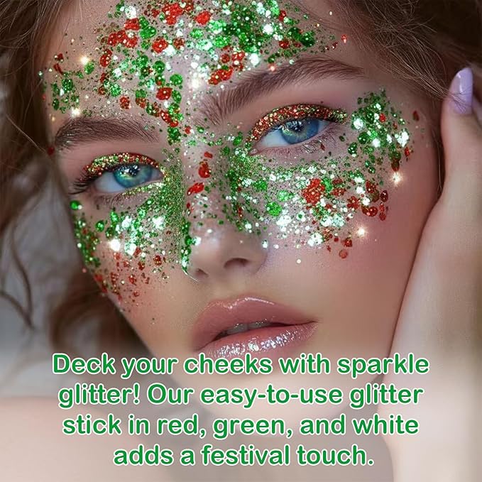 Christmas Body Glitter Stick, Red Green and White Face Glitter Accessories, Waterproof Face Hair Glitter Makeup, Christmas Glitter Makeup for Kids and Women