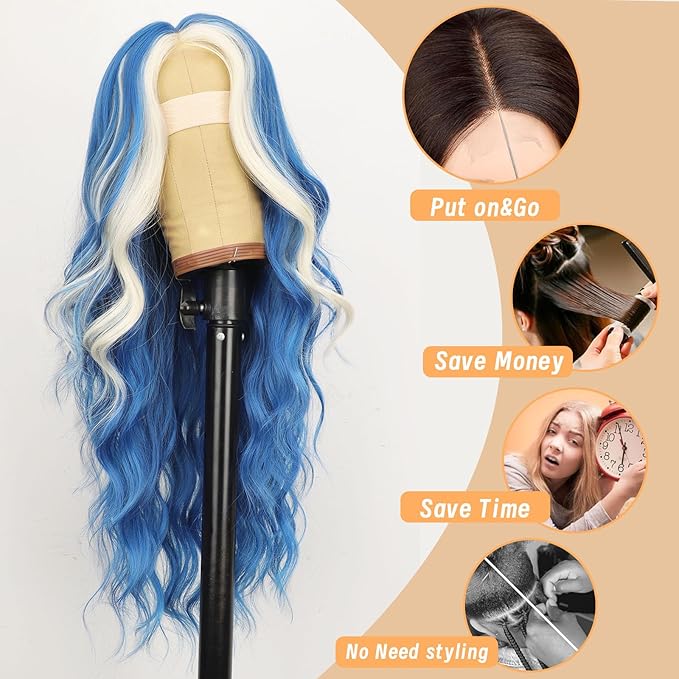 AISI HAIR Light Blue Platinum Blonde Highlight Wig for Women, Long Wavy Lace Hairline Middle Part Synthetic Heat Resistant Wig for Daily Party-26 Inch