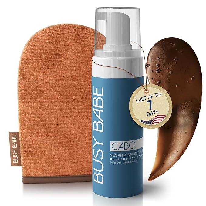 Busy Babe CABO Tanning Mousse Self Tanner With Mitt - Achieve a Gorgeous, Flawless Tan, Sun-Kissed Glow for All Skin Types and Tones, Sunless Tanning Mousse for Undertone (DARK BRONZE 200ml)
