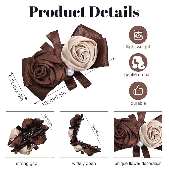 2 Pack Satin Rose Banana Clips for Fine to Medium Hair, Flower Ponytail Holder with Pearl, Non-Slip Vertical Clamp, Vintage French Hair Accessories (Black & Brown)