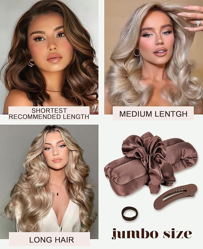 Jumbo Heatless Curls Overnight Hair Curler to Sleep In Soft Large Hair Rollers for Long Hair Blowout Look No Heat Overnight Curls, Satin Flexi Rods for Big Curl Heatless Curling Rod Set with Clip