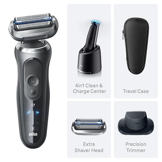 Braun Electric Razor for Men Series 7, Electric Shaver, Extra Head, Precision Trimmer, 4-in-1 Clean & Charge Center, Case, S7 7185cc