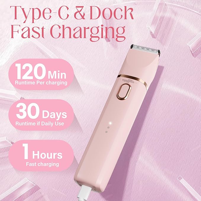 Bikini Trimmer for Women& Body Shaver – Cordless Electric Razor for Silky Smooth Skin | Replaceable Facial Razor Attachment | IPX7 Waterproof, Ceramic Blades & USB Charging Dock – Pink