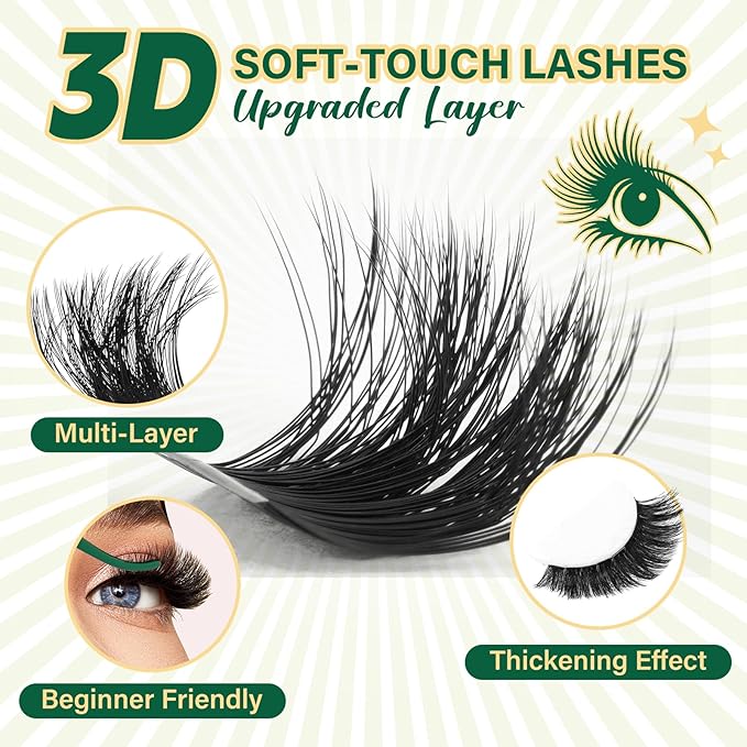 KEYYOU LASH Clusters Kit 3D Effect Eyelash Clusters Kit 231pcs 100D200D 8-16MIX D Curl Individual Lashes Kit Wispy Lashes Volume Cluster Lashes Kit Natural Soft (3D Kit-100D200D-D-8-16MIX)