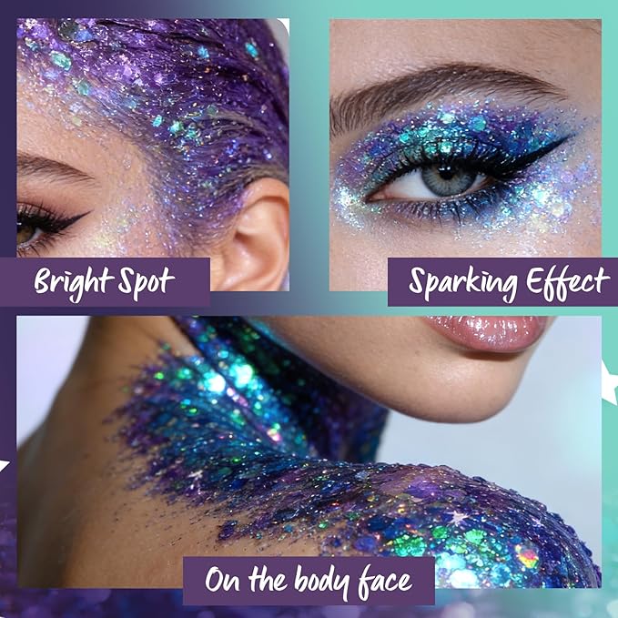 Purple Body Glitter Gel, Mardi Gras Outfit Body Glitter for Face Body Hair, Chameleon Color Changing Glitter Gel for Mardi Gras Party Mermaid Sequins Festival Accessories Shimmer Makeup #6
