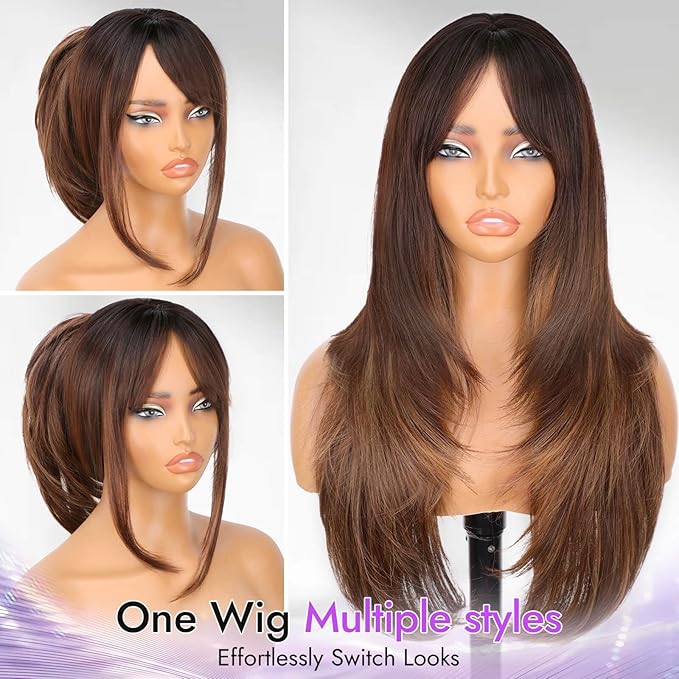 Long Brown Highlight Wig with Bangs for Women,4x4 Realistic Scalp,Free Parting,Layered Hairstyle Synthetic Heat Resistant for Daily Party Use 26 inch