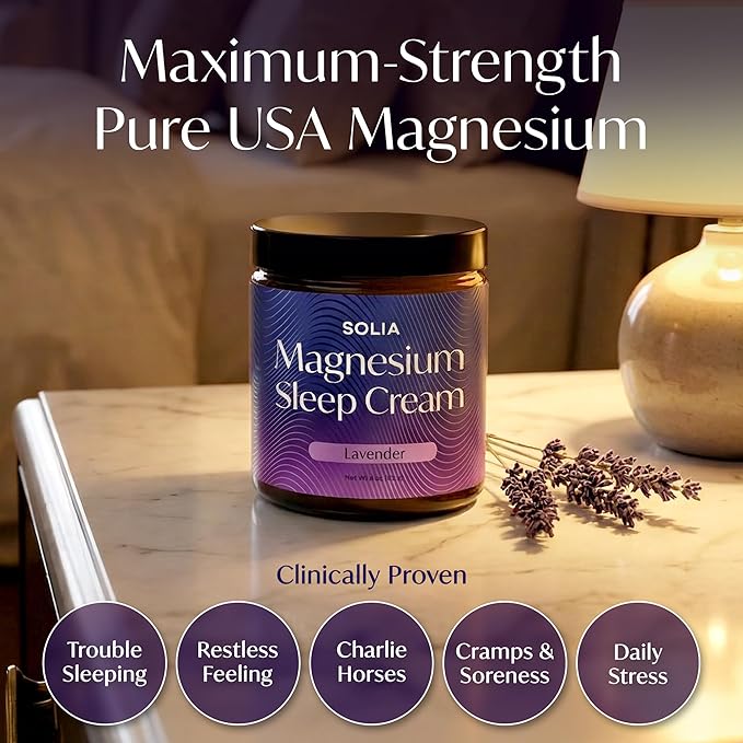 Solia Magnesium Sleep Cream, USA-Made Topical Magnesium Lotion for Sleep, Lavender Lotion for Feet Pain, Nighttime Mag Oil Body Butter, Foot Cream for Leg Cramps, Relaxing Rub for Muscle Soreness, 4oz