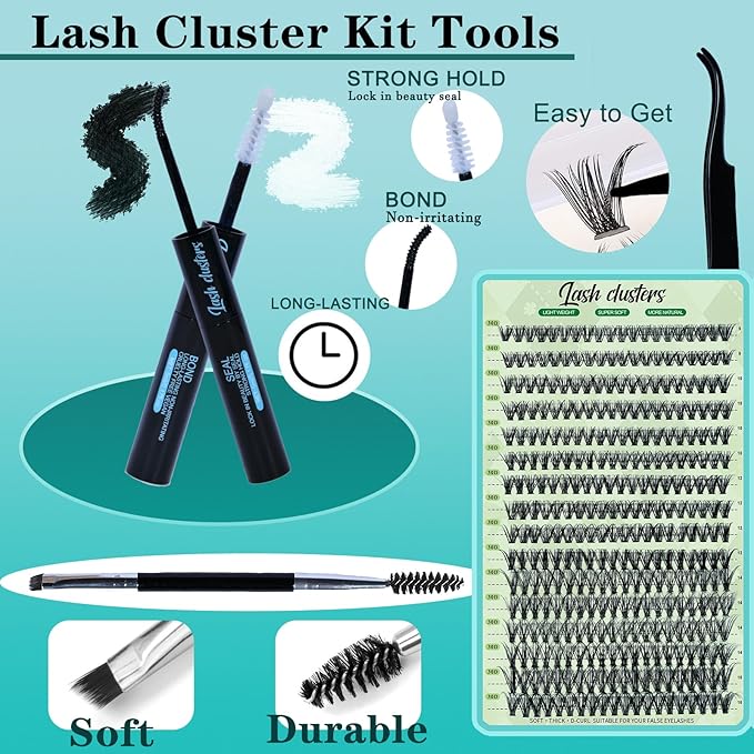 Wispy Lash Clusters Kit 640pcs Eyelash Cluster Extensions 30D+40D Curl Individual False Eyelashes Natural Fluffy Mink Lash Clusters Extension Kit (9-16mm with Lash Bond&Seal,Brush,Tweezers)