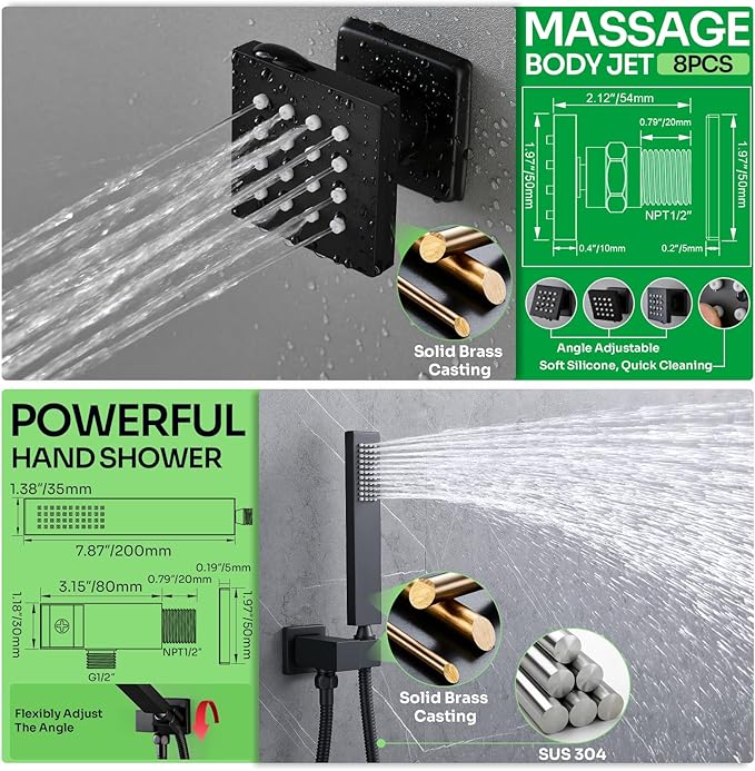 HOMEDEC Luxury Dual Shower System for Couples, 15x28" Rain 4-Function and Dual 6" Side Wall Mounted Shower Heads, with 5-Way Diverter Valves, Black