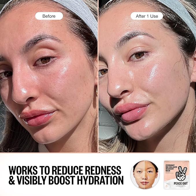 PEACE OUT Overnight Bio-Collagen Recovery Face Mask, Hydrating Overnight Sheet Mask with Vegan Collagen and Hyaluronic Acid, Helps Calm and Restore Skin, 1 Count