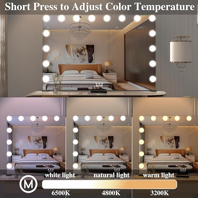 BEAUTME Large Vanity Mirror with Lights, 35.9''×24.3'' Hollywood Makeup Mirror with 16 Dimming LED Bulbs, 3 Lighting Modes, Touch Control, Tabletop or Wall Mounted, Black