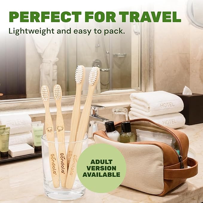 Gondola Kids Bamboo Toothbrush - 4 Pack Soft Bristles Toothbrush with Smooth Water-Resistant Bamboo Handle for Small Hands - Manual Toothbrushes for Boys & Girls - Travel & Home Bathroom Set