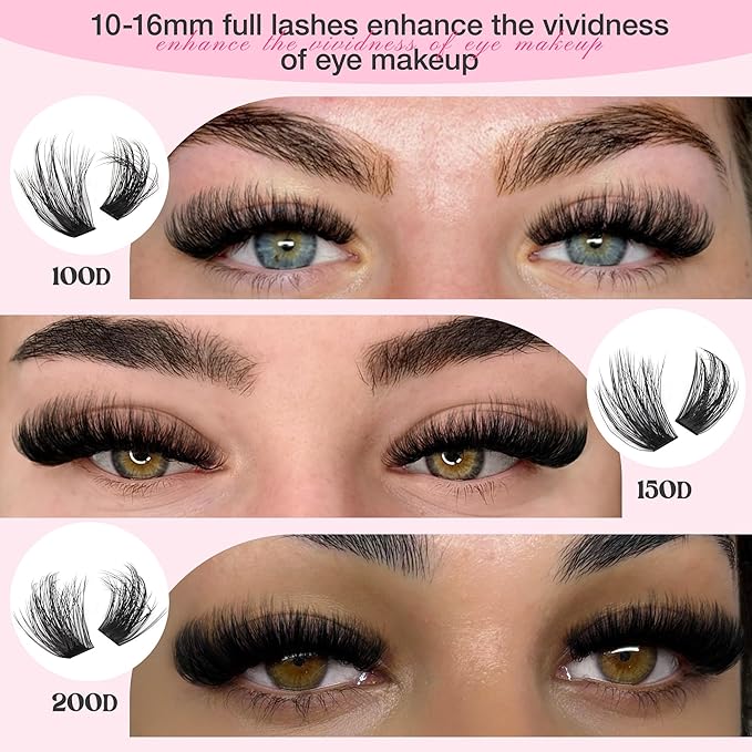 Fluffy Lash Clusters Kit Thick 100-150-200D Volume Eyelash Clusters Kit 10-16mm Wispy Individual Lashes Kit D Curl Cluster Eyelash Extensions 300pcs DIY Lash Extension for Beginners