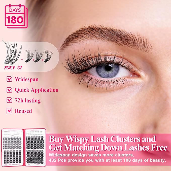 Foxy Beauty Natural Lash Clusters - Wispy & Fluffy Lash Clusters WideSpan Eyelash Clusters Lash Extension with FREE Bonus Lower Lashes;