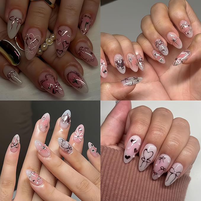 6 Sheets Heart Bow Tie Nail Art Stickers Decals 3D Self-Adhesive Bow Cherry Pegatinas Uñas Gold Pink Laser Hollow Heart Nail Supplies Y2K Star Heart Nail Art Design Decoration Accessories for Women