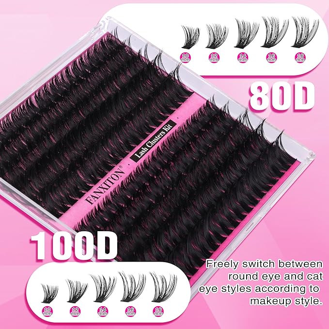 DIY Lash Extension Kit Volume Thick Lash Clusters D Curl 80D+100D 10-16MM Eyelash Extension Kit Individual Lashes Lash Cluster Kit For Beginners (No Glue)