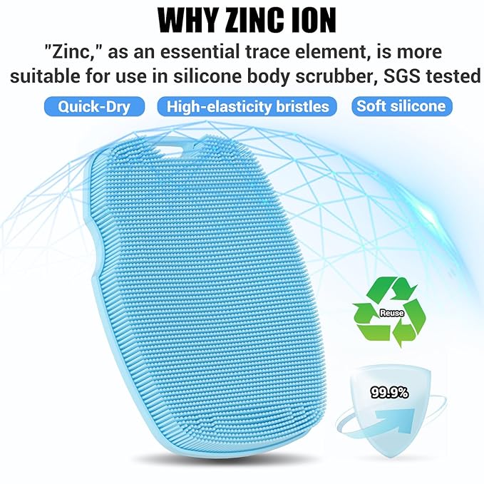 Silicone Body Scrubber - Anti Zinc Infused-Highly Elastic Bristles Exfoliating Body Scrubber for Shower Body,Cellulite Reduction,Blood Circulation - Azure