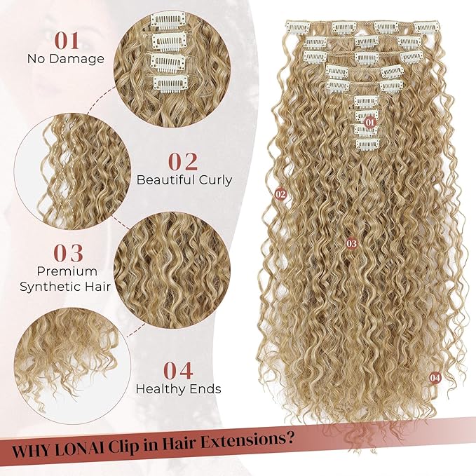 LONAI Hair Extension,9PCS Brown 22" Curly Clip in Hair Extensions LN002 Long Soft Thick Synthetic Hairpieces for Women-Golden Blonde with Highlight