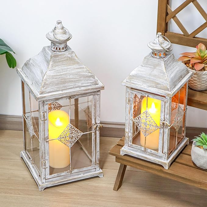 TRIROCKS 20"&15" H Large Decorative Candle Lantern Antique Grey Brush Outdoor Lantern Set with Tempered Glass Metal Candle Holder for Porch Ideal for Gardens Spring Home Decor Indoor Outdoor