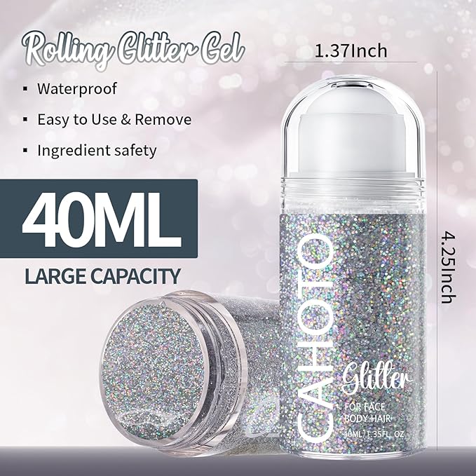 Silver Rolling Glitter for Face Body & Hair, Sparkling Holographic Chunky Shimmer, Roll-on Sequins for Singer Concert Rave Festival Halloween Party Carnival, 1.35fl.oz