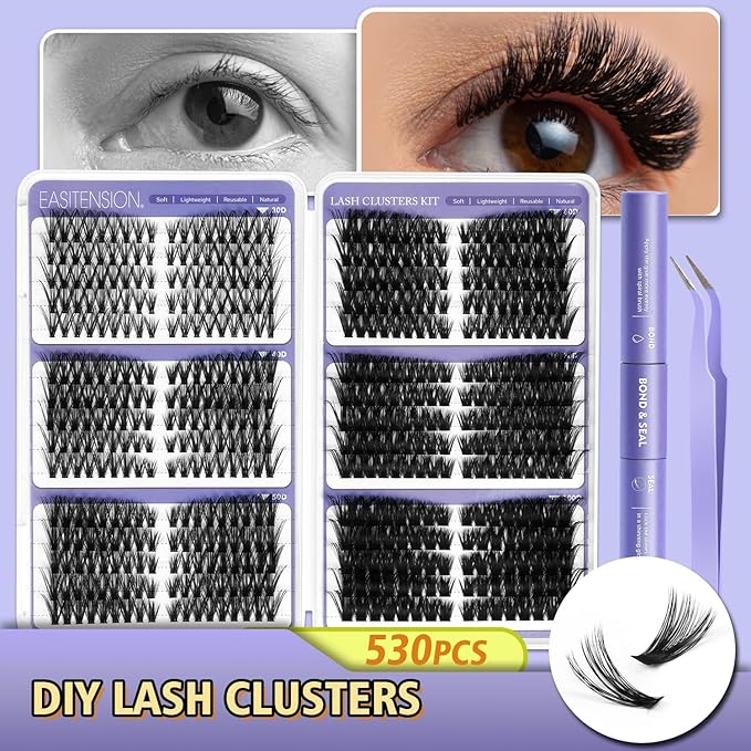 DIY Lash Clusters Kit Pre Mapped 30-100D Volume Eyelash Extension Kit 8-16mm Thick Individual Lashes 530 pcs with Lash Bond and Seal, Lash Tweezers, Super Thin Band Eyelashes