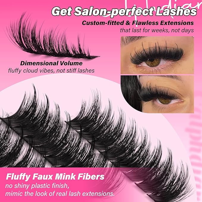 Fluffy Lash Clusters Thick Volume Lash Extension 10-18mm Cluster Eyelash Extensions Individual Lashes Wispy Eyelash Clusters Easy to Apply Cluster Lashes DIY Dramatic Lash Fills (160D+180D+200D)