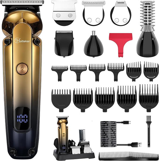 Hatteker Men's Beard Trimmer Kit Electric Razor Shaver Professional Hair Clipper with Zero Gapped T-Blade Nose Ear Beard Body Trimmer for Men Waterproof Cordless Grooming Kit 6 in 1