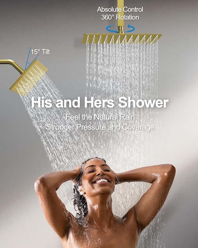 GRANDJOY Thermostatic Shower System, Dual Rainfall Shower Heads for Ceilling & Wall Mounted with Handheld Sprayer, Brushed Gold