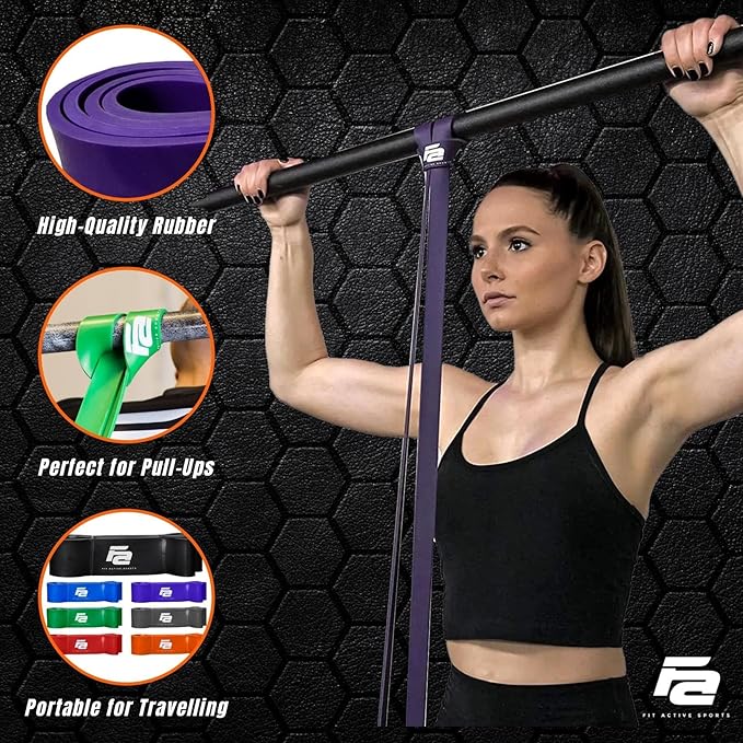 Fit Active Sports Resistance Workout Exercise Bands for Home, Gym, Stretching, Strength Training, Weightlifting, Pull Up Assist - Indoor and Outdoor Use