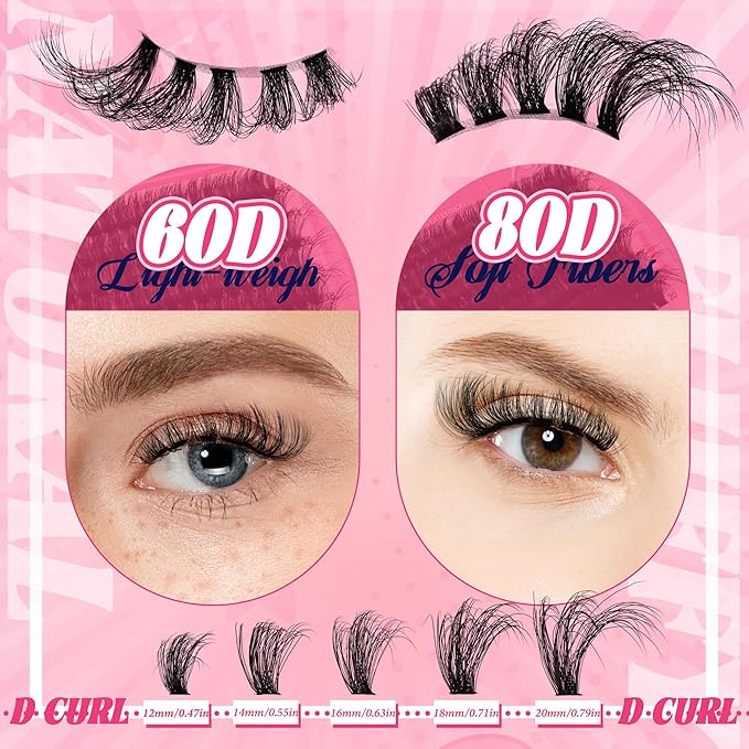 Lash Clusters Volume Eyelashes 280 Pcs Individual Eye lash Clusters 60+80D Cluster Lashes Wispy volume Lash Clusters D curl Makeup at Home - DIY Eyelash Clusters Extension Kit (12-20MM) Mix