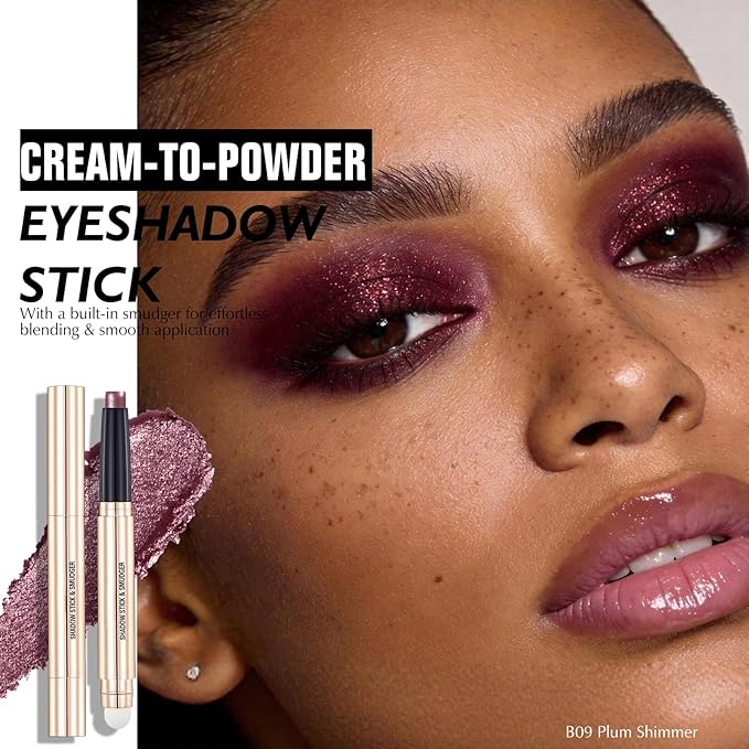 Plum Shimmer Eyeshadow Stick - Dual-Ended Long-Lasting Cream Eye Shadow for Older Women Crease-Proof Metallic Eyeshadow Pencil, Multi-Use Eye Crayon Highlighter Makeup with Built-in Smudger