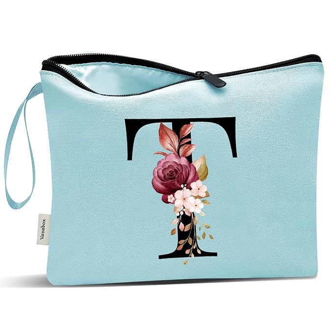Vavabox A-Z Personalized Makeup Bag, Birthday Gifts for Women Mom, Gifts for Best Friend, Bride Bridesmaid Cosmetic bag (T, Green)