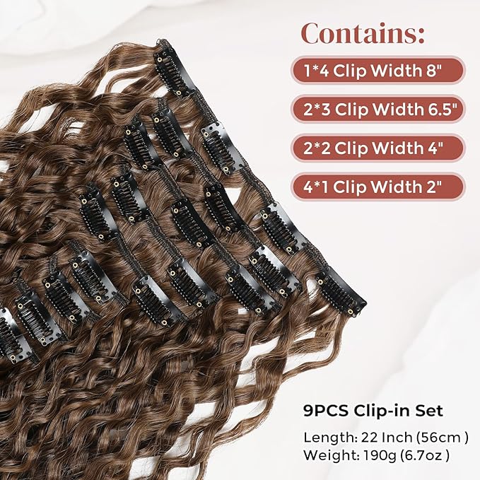 LONAI Black Hair Extension,9PCS 22" Curly Clip in Hair Extensions LN002 Long Soft Thick Synthetic Hairpieces for Women-Dark Brown to Caramel Brown