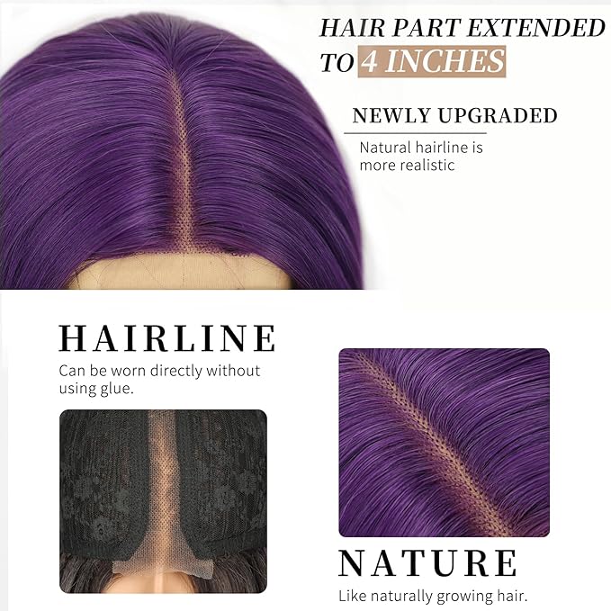 AISI HAIR Dark Purple Wig for Women, Long Wavy Lace Hairline Middle Part Synthetic Heat Resistant Wig for Daily Party-26 Inch
