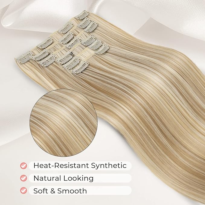 LONAI Clip in hair extensions 6PCS Straight 24" Hair Extensions for Women，Heat Resistant Synthetic Hairpiece-Dark Blonde with Highlights